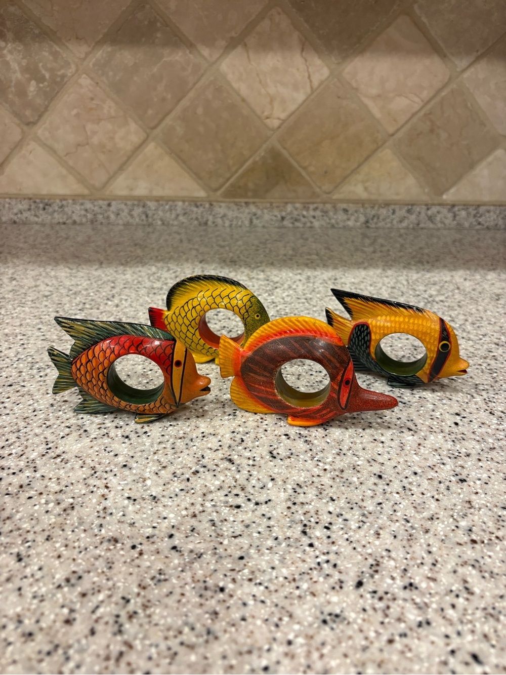 Hand-Painted Colorful Wooden Fish Napkin Rings - Set of 4